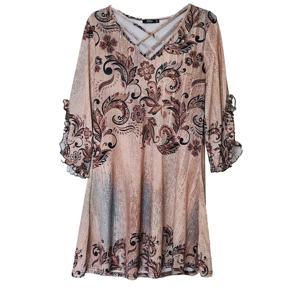 Lily by Firmiana Tunic Dress Size M Paisley Criss-Cross Neck Ruffle Sleeves